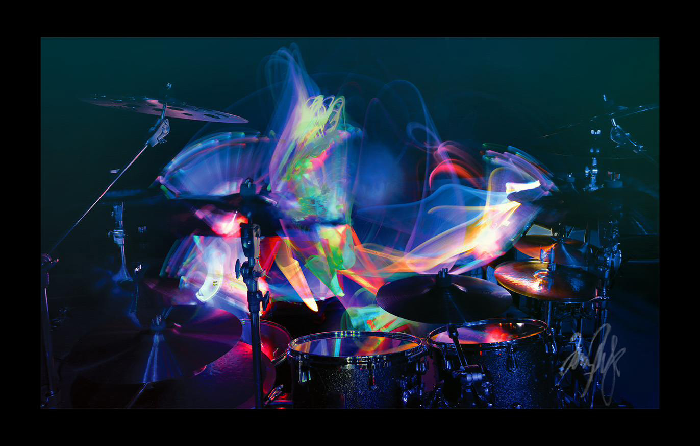 Off The Hook — light-capture artwork of Tommy Aldridge performing Still of the Night, hand-signed